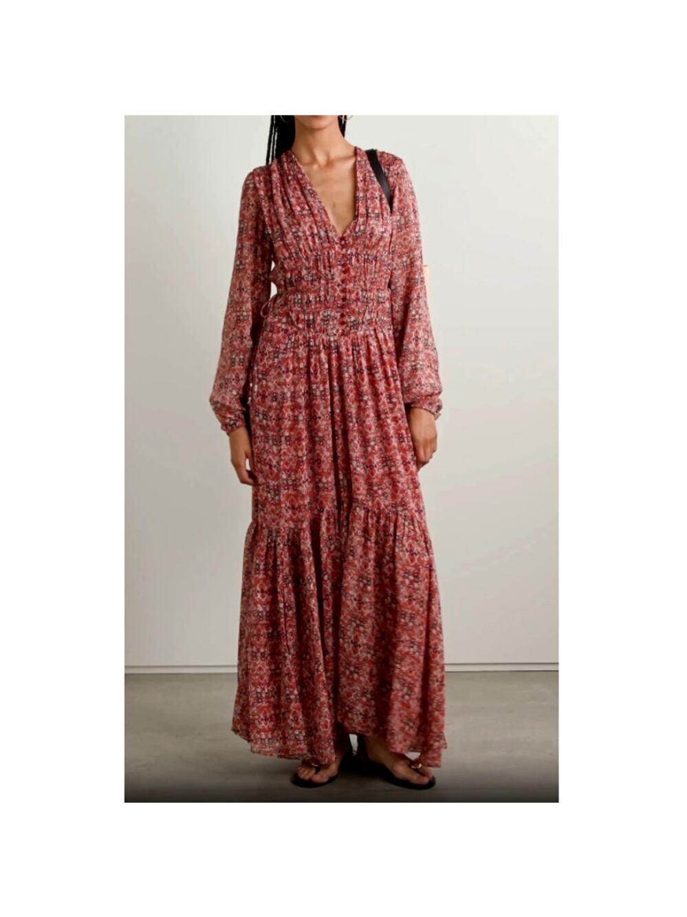Long Red Floral Maxi Dress with Smocked Waist